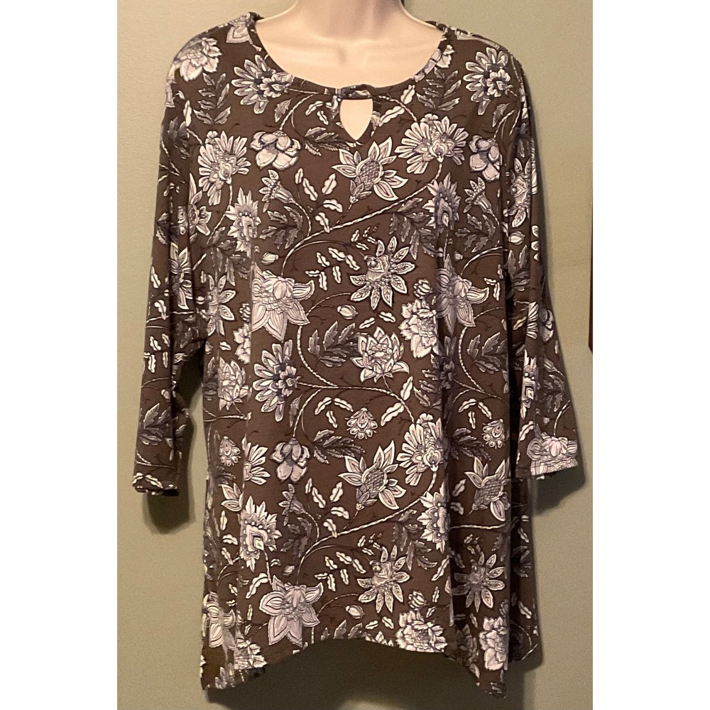KIM ROGERS XL TOP TUNIC OLIVE Green Flowers  CURVY Shark Bite Hem 3/4 Sleeves